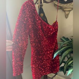 Source Unknown Red Sequin One-Shoulder Mini Dress